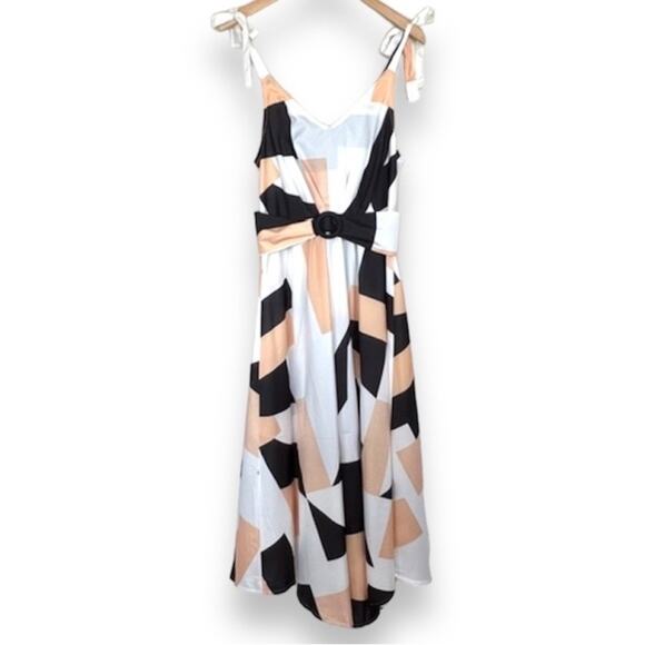CBR ChicMe black tan geometric print tie shoulder belted midi dress M NEW - Picture 1 of 10